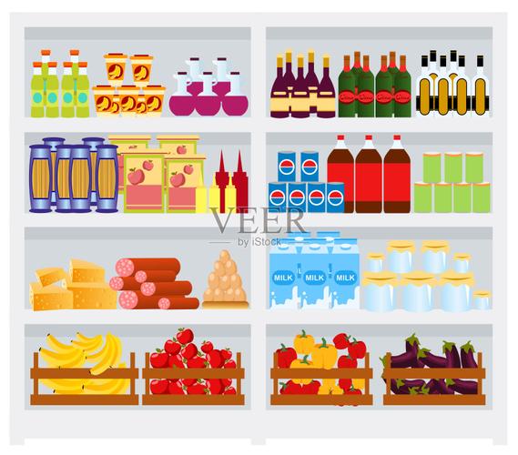 超市货架上摆满了商品,水果和蔬菜,饮料.商用冰箱充满了乳制品.