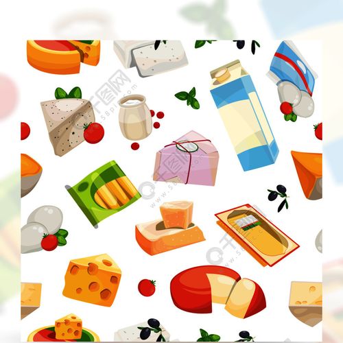 奶酪和奶油的无缝背景矢量卡通乳制品和奶酪产品图案或背景图
